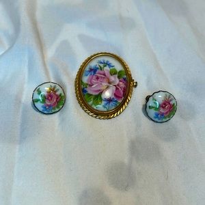 Antique French Porcelain Hand-painted Brooch and Earrings